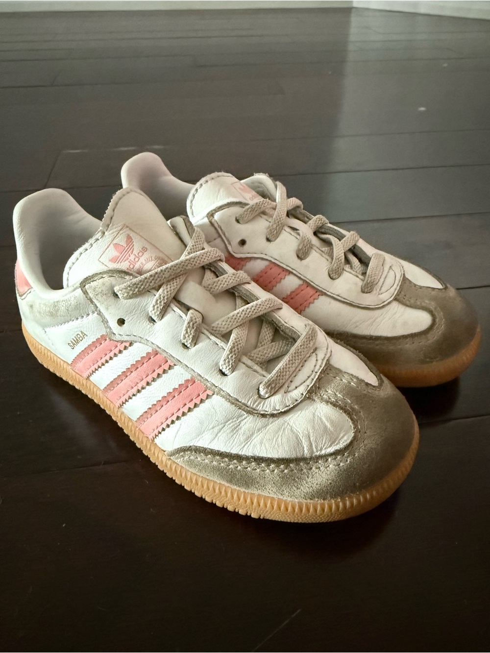 adidas Kids Samba Sneakers in White, Pink and Tan